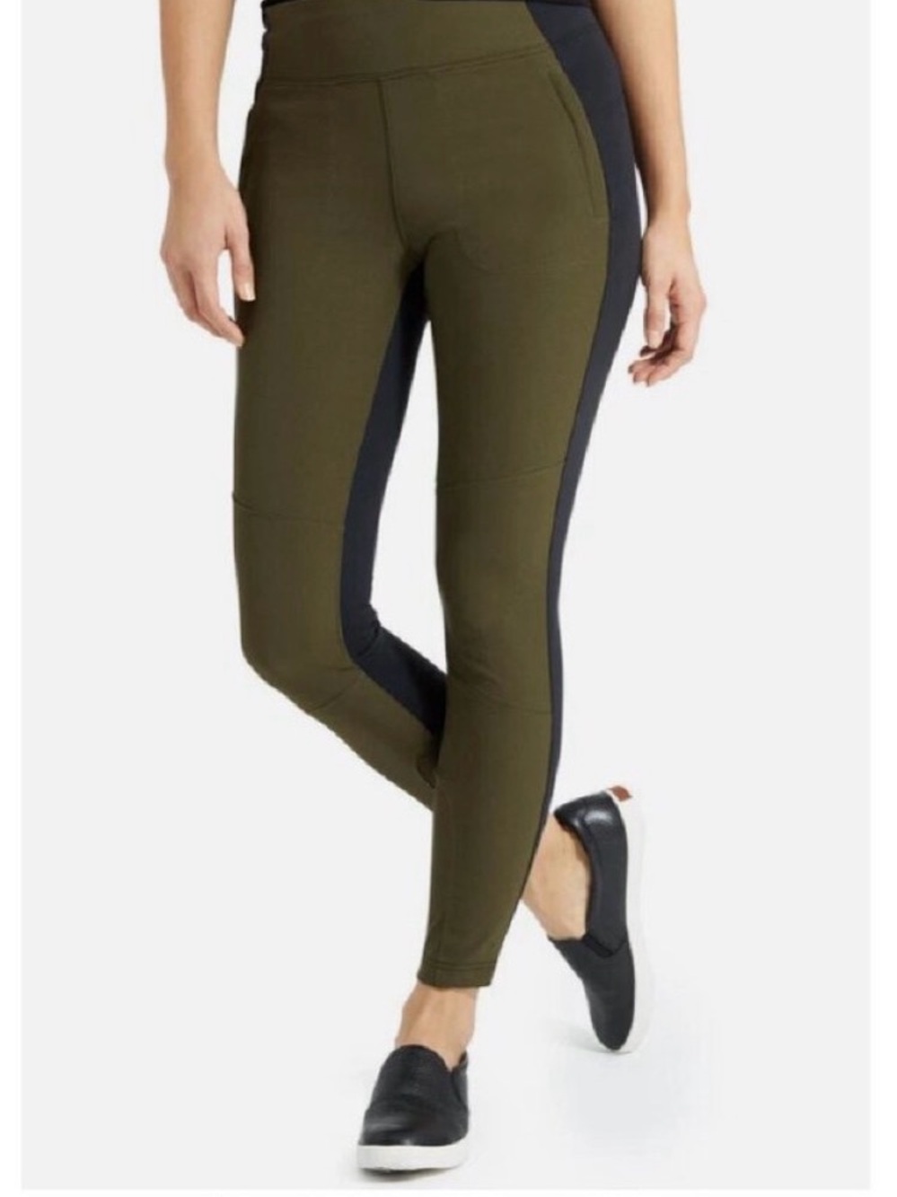Athleta Olive Green Leggings with Black Side Panels